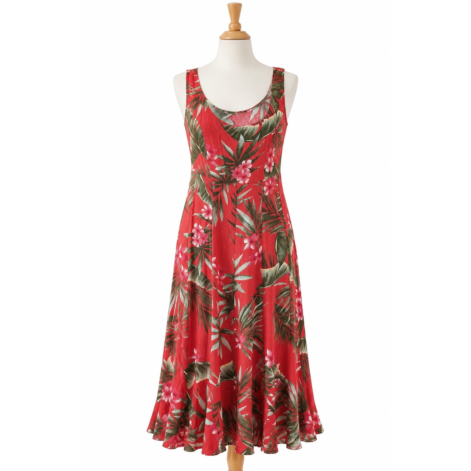 Unlabeled Red Tropical Large Floral Flowy Hawaiian Midi Dress Summer Vacation